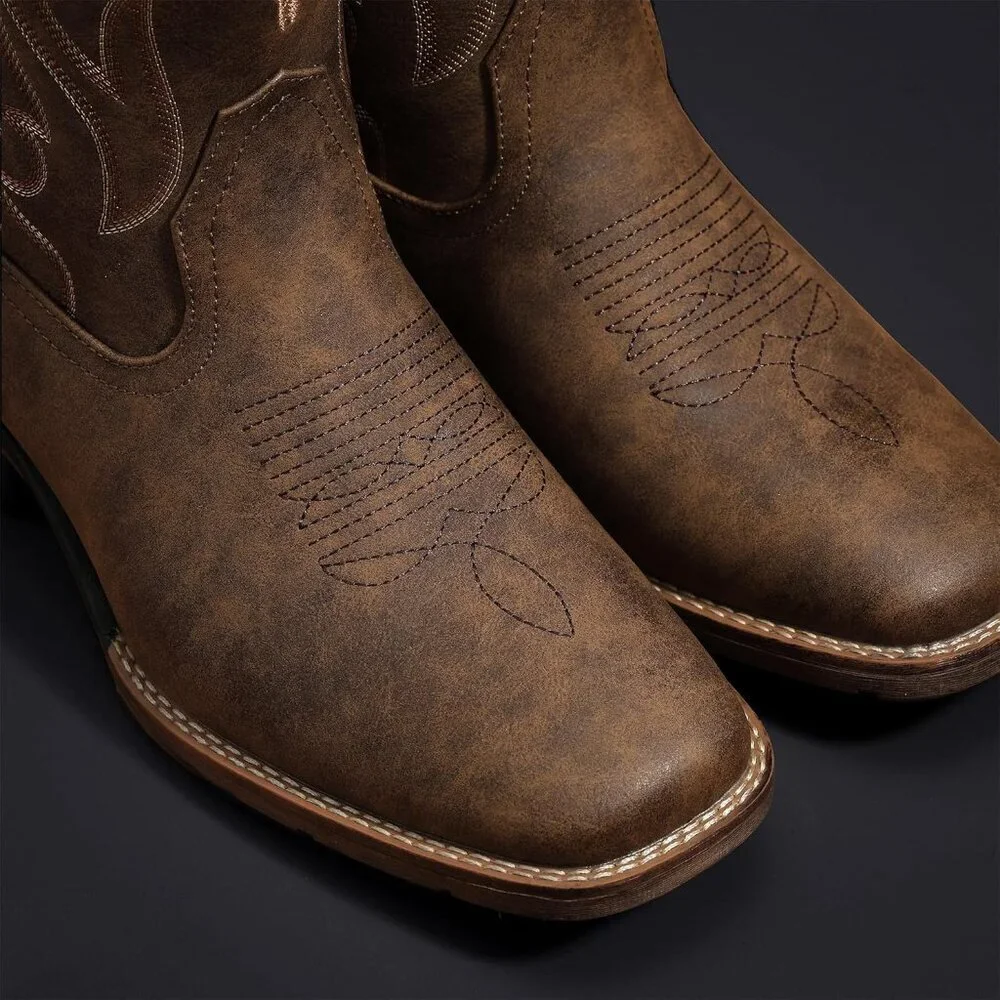 Men's Brown Western Boots Slip Resistant Country Boot Retro Classic Embroidered